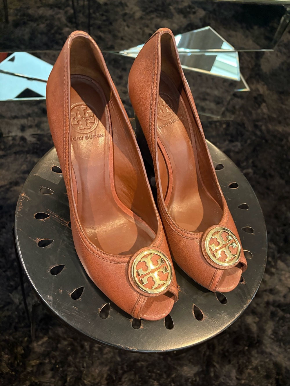 Tory Burch Chestnut Leather Peep-Toe Pumps with Gold Logo Medallion